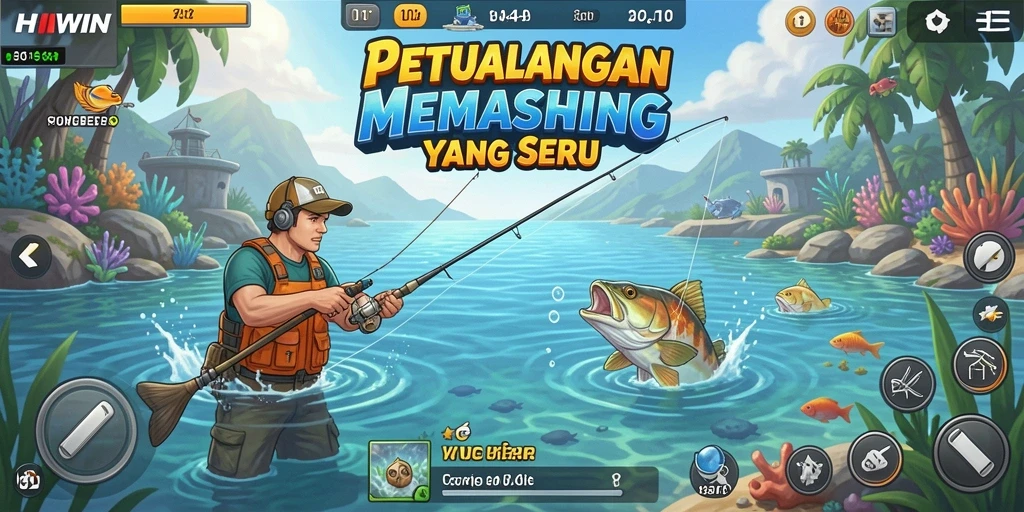 Tampilan gameplay HIWIN yang menarik saat memancing di danau.