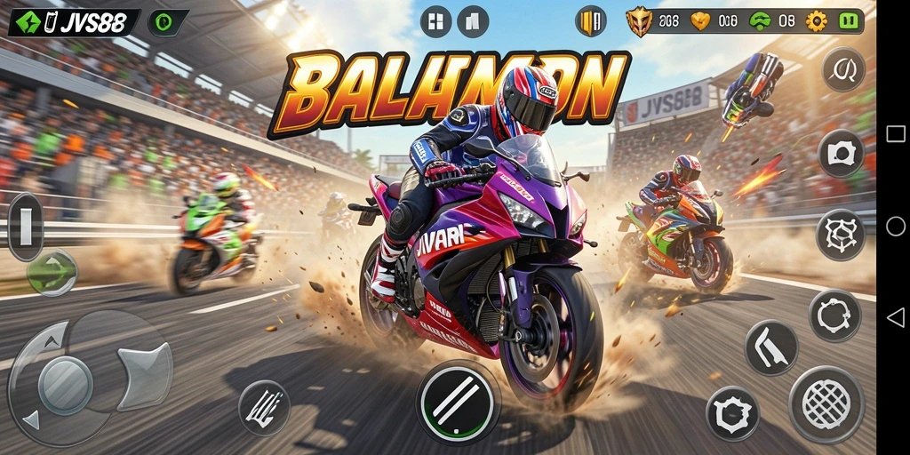 Tangkapan layar game JVS88 menunjukkan aksi balapan motor yang intens.