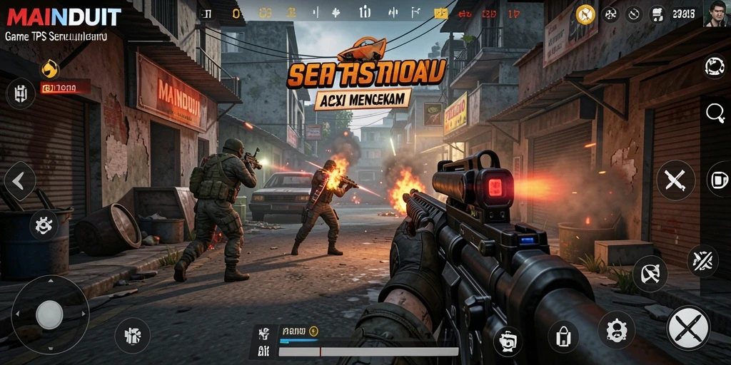 Screenshot menunjukkan aksi intens dalam gameplay TPS MAINDUIT.