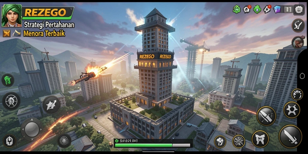 Tampilan gameplay menara strategi dalam REZEGO.